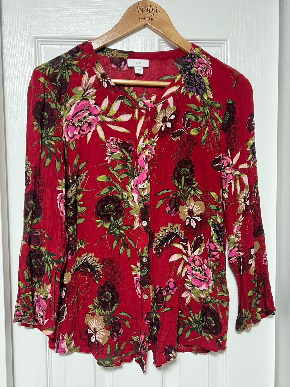 J. Jill Red Floral Button Front Blouse Top Size M